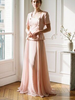 Vintage Danny & Nicole Blush Pink Peplum Chiffon Gown Size 12